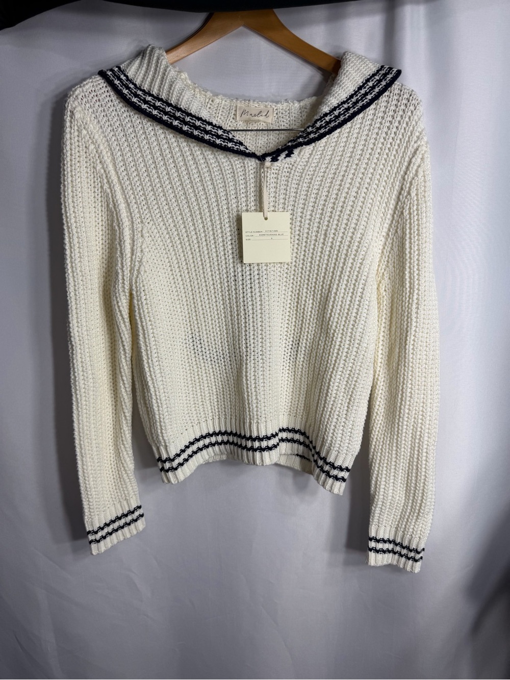 Marked Cream Sweater with Navy Trim Sailor Collar size S new W tags